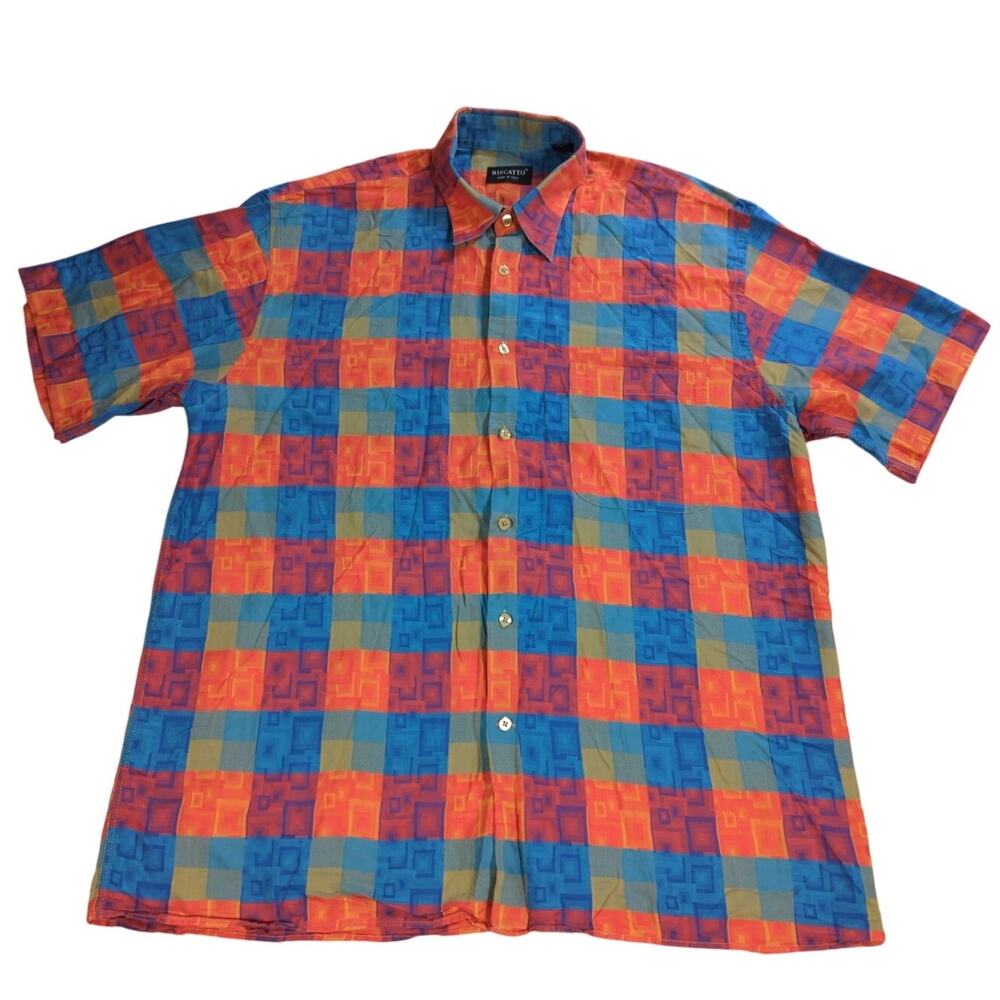 Y2K Riscatto Shirt Mens L Italy Multicolor Geometric Plaid Cotton Short Sleeve